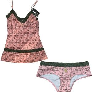 Pink and gray lace baby phat Y2K lingerie set with gold cat hardware